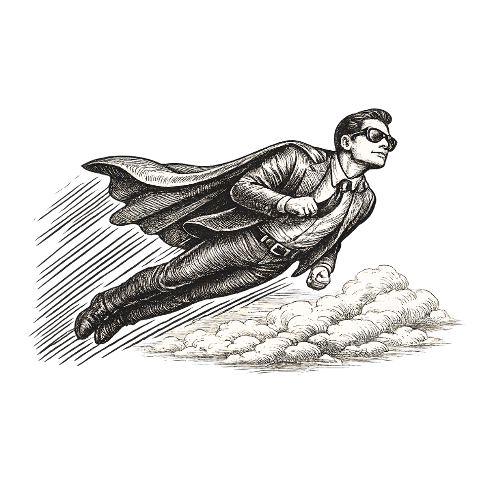 Senior adviser flying above the clouds — engraving illustration