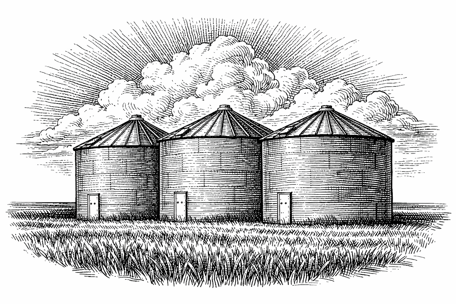 Three grain silos in a field — engraving illustration representing siloed AI teams