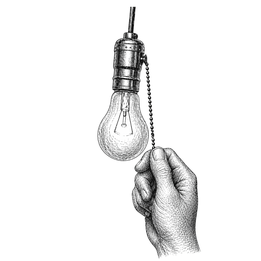 Hand pulling the chain of a lit Edison bulb — engraving illustration