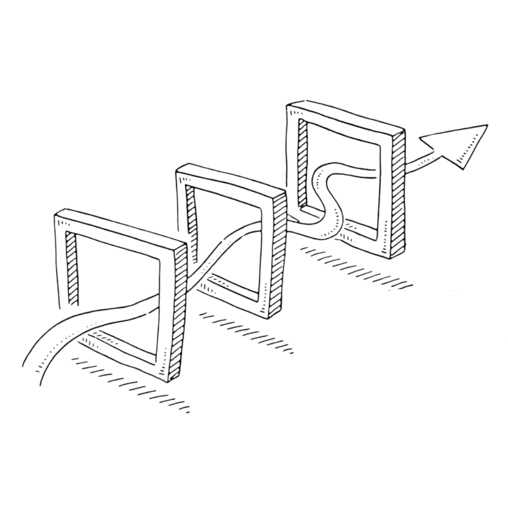 A path threading through three sequential frames with an arrow — engraving illustration representing the three-step method