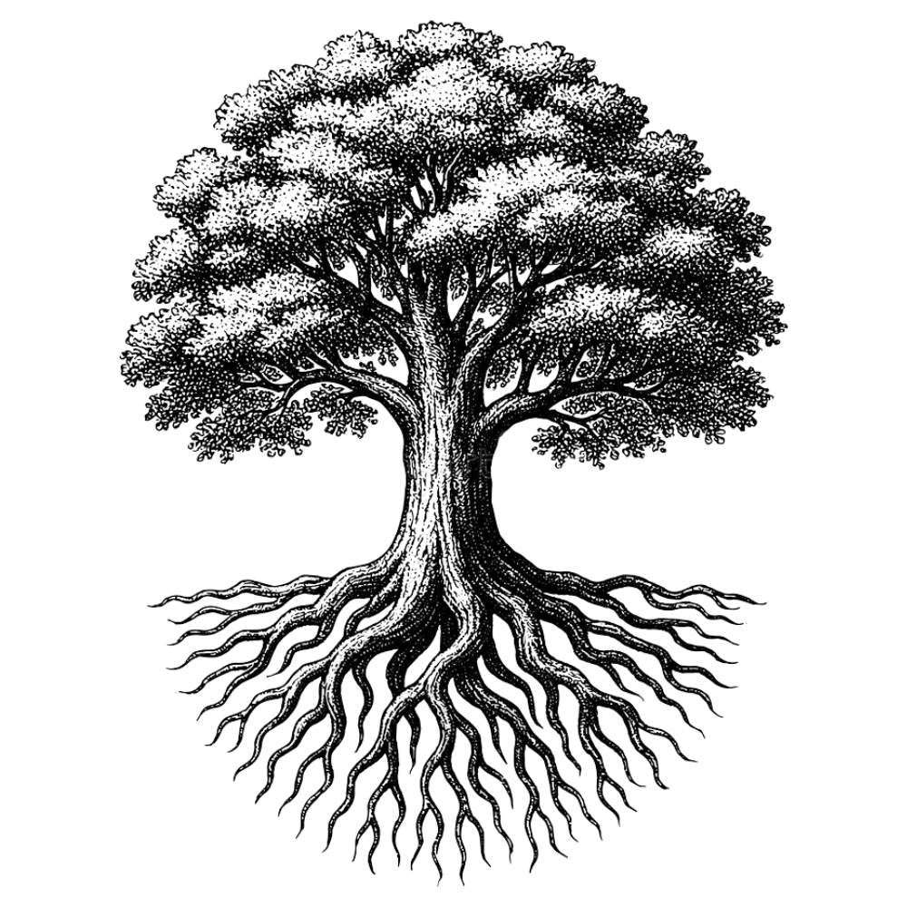 Large oak tree with expansive root system — engraving illustration representing deep expertise