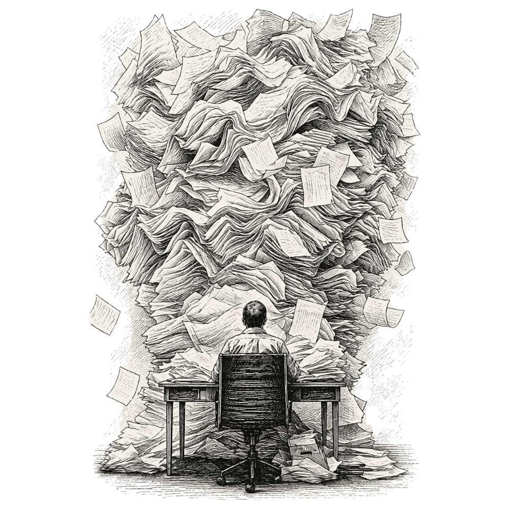 Man sitting at a desk overwhelmed by an enormous mountain of papers — engraving illustration