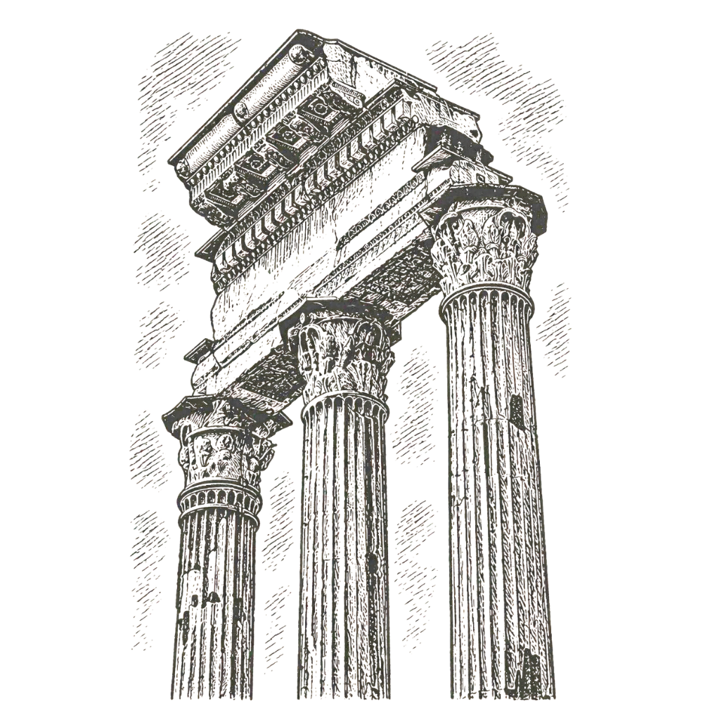 Three crumbling Greek columns — engraving illustration representing three pillars of advisory engagement